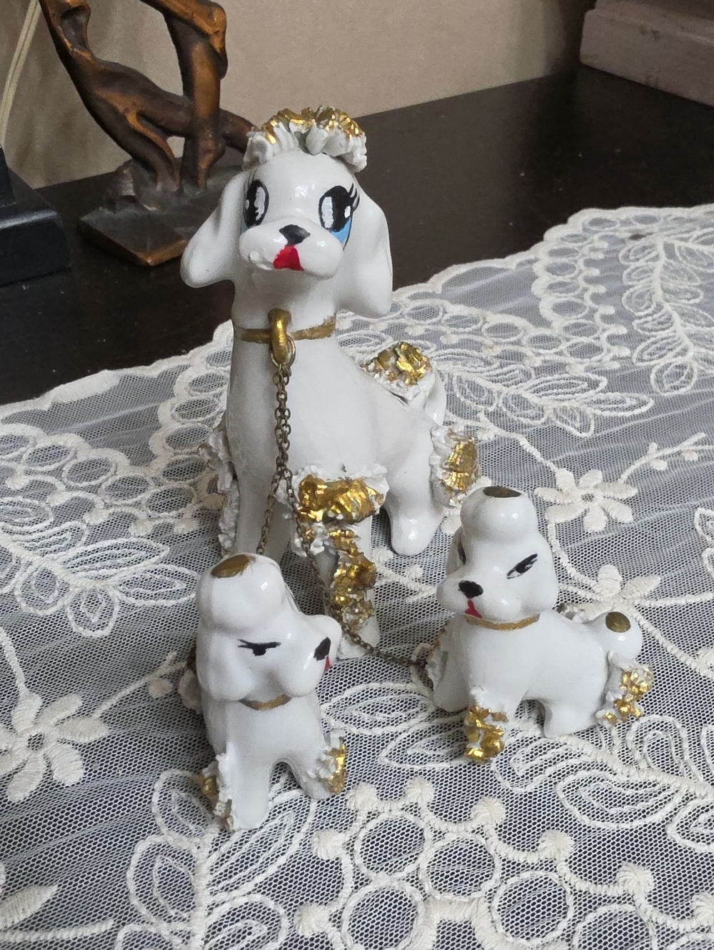 Vtg White Ceramic Poodle Figurine Set with Gold Accents - Spaghetti Pets Dog